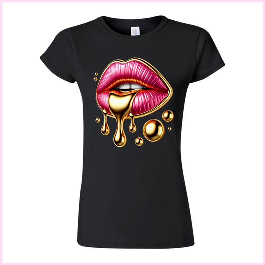 T-Shirt Pour Femmes - Lips Pink Dripping Gold